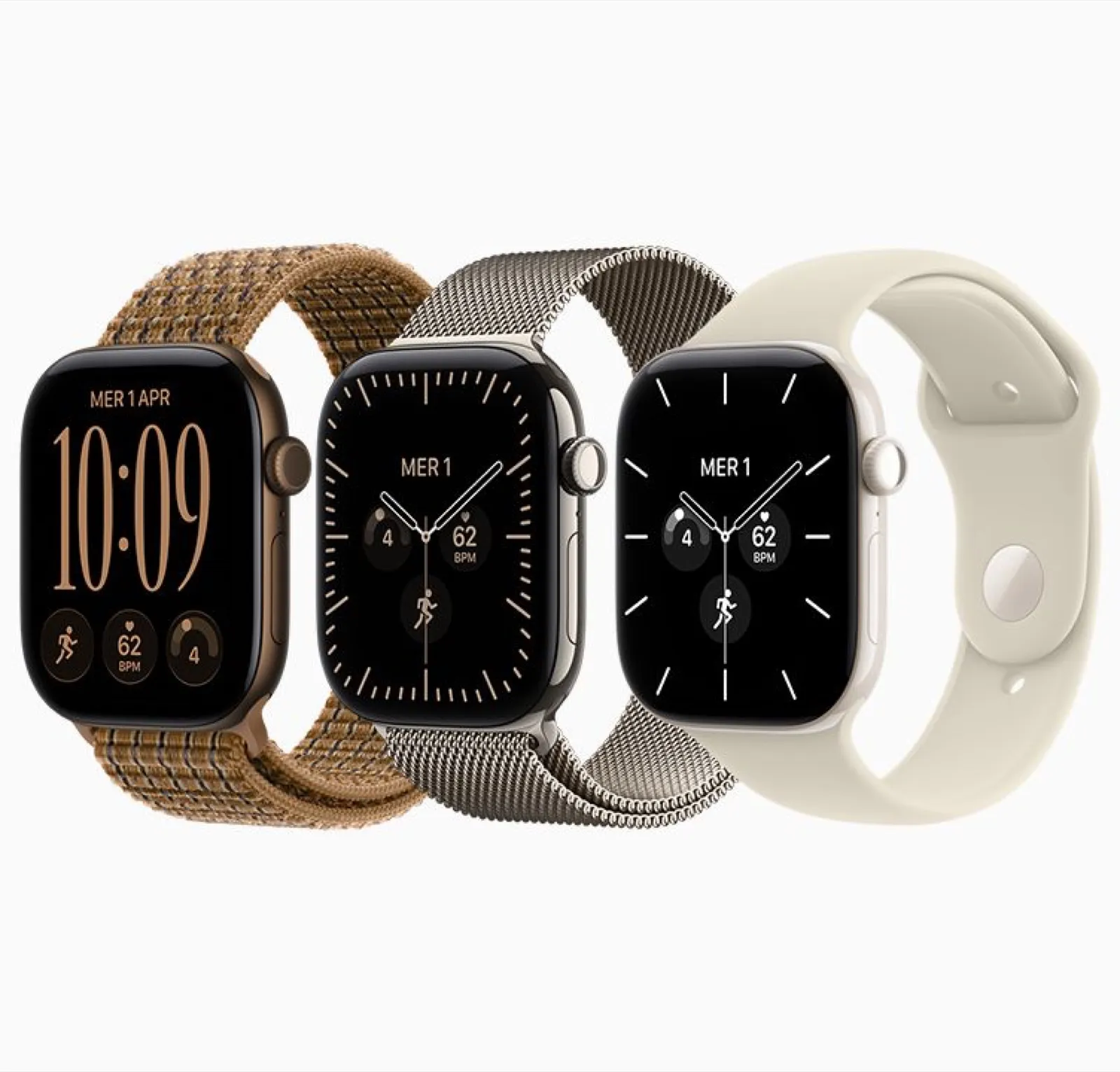 Tre Apple Watch Series 12 con cinturini diversi, il quadrante mostra data, ora e battito cardiaco