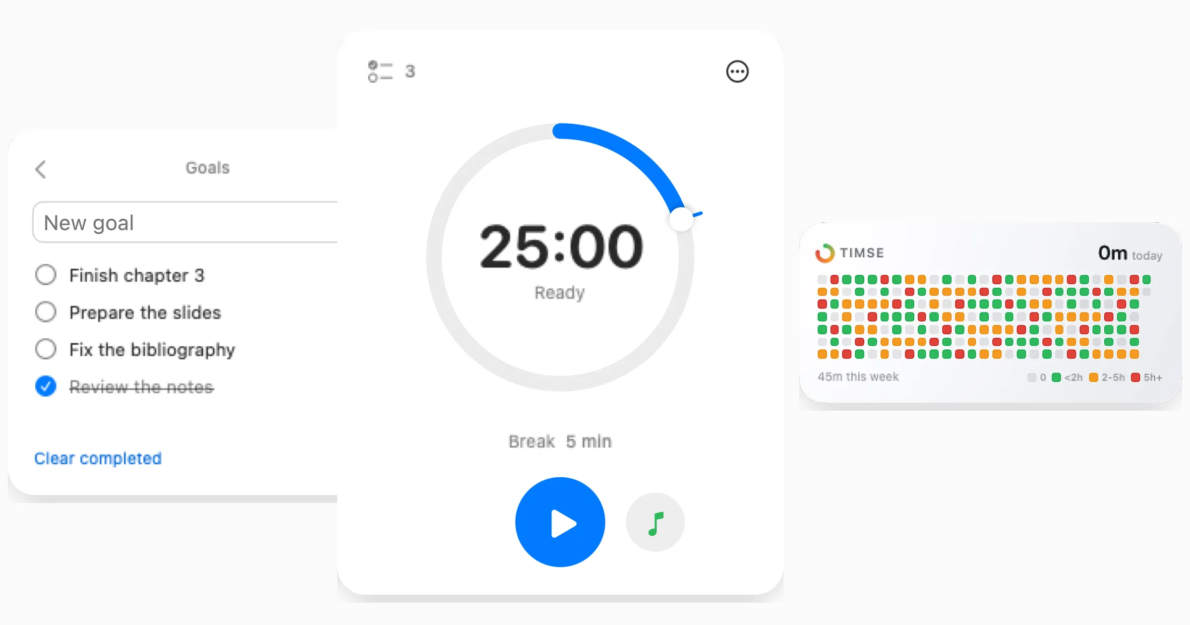 Three Timse screens: the session goals, the dial set to 25 minutes, and the widget with the session history