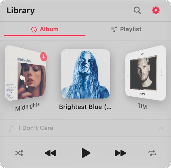 Toggle Music showing album artwork in a 3D Cover Flow carousel