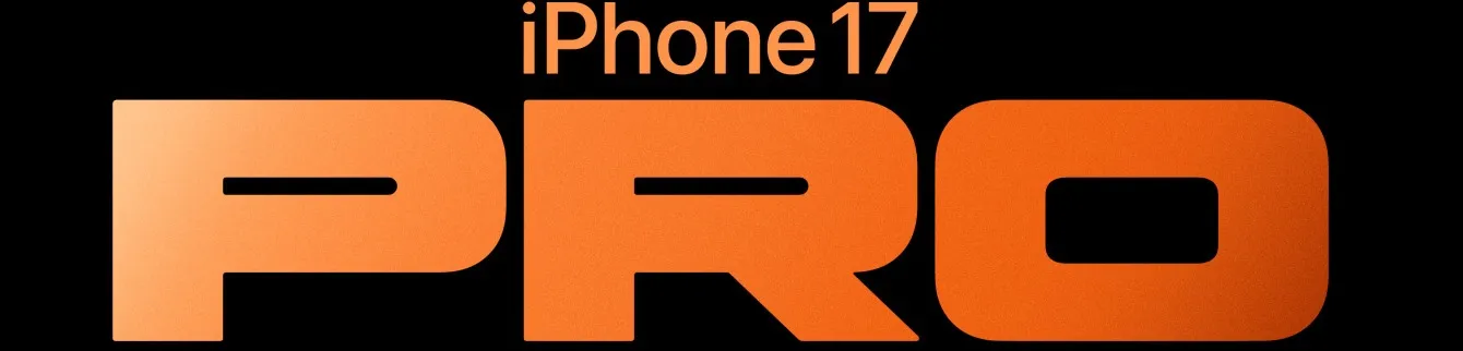 La scritta iPhone 17 PRO nel font dedicato al lancio, lettere arancioni larghe e squadrate su fondo nero