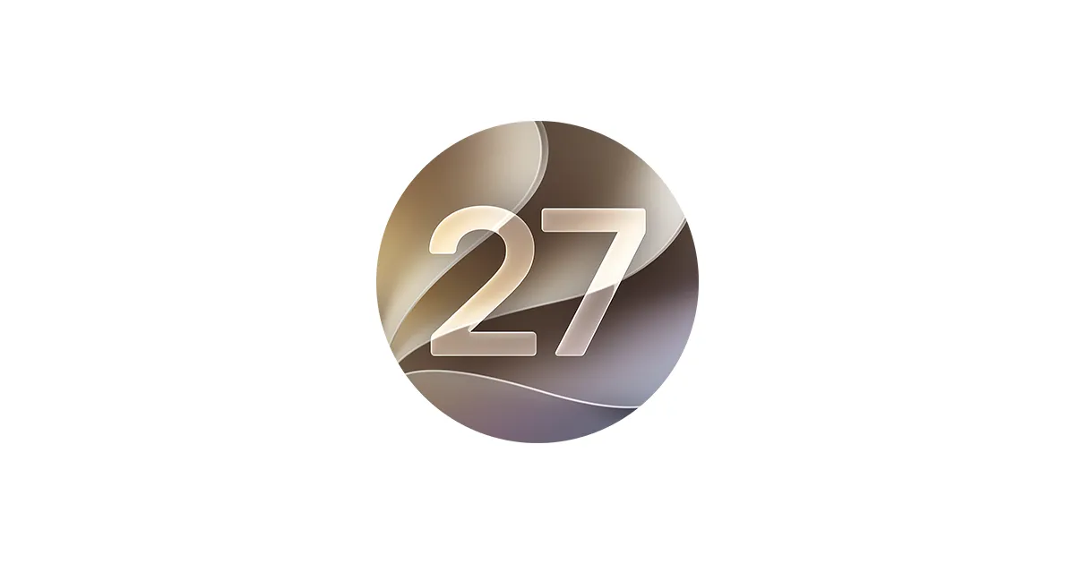 The macOS 27 “Golden Gate” badge — the numerals 27 set over a warm, flowing Sequoia-style gradient