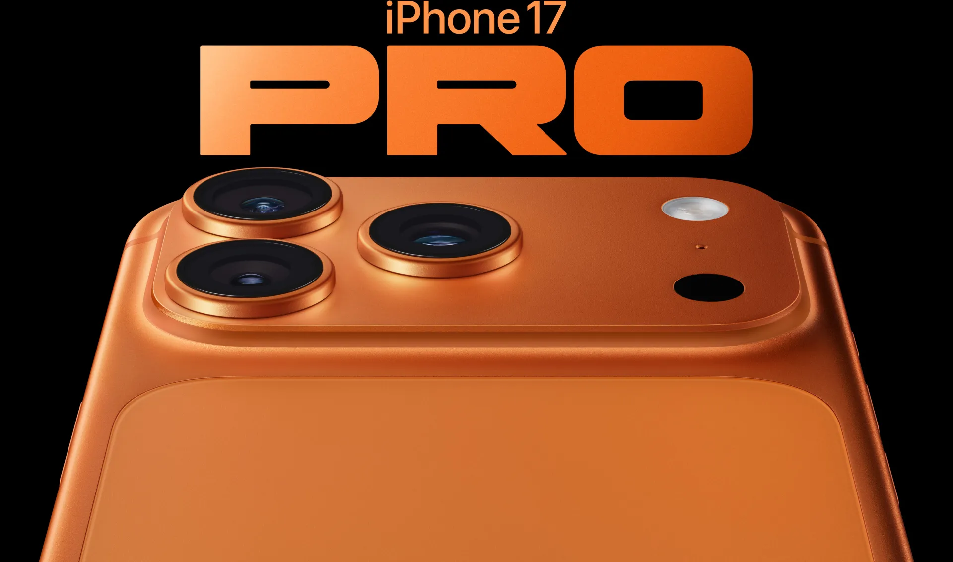 iPhone 17 Pro Arancione cosmico visto da dietro, con le tre fotocamere sul plateau e la scritta iPhone 17 PRO su fondo nero