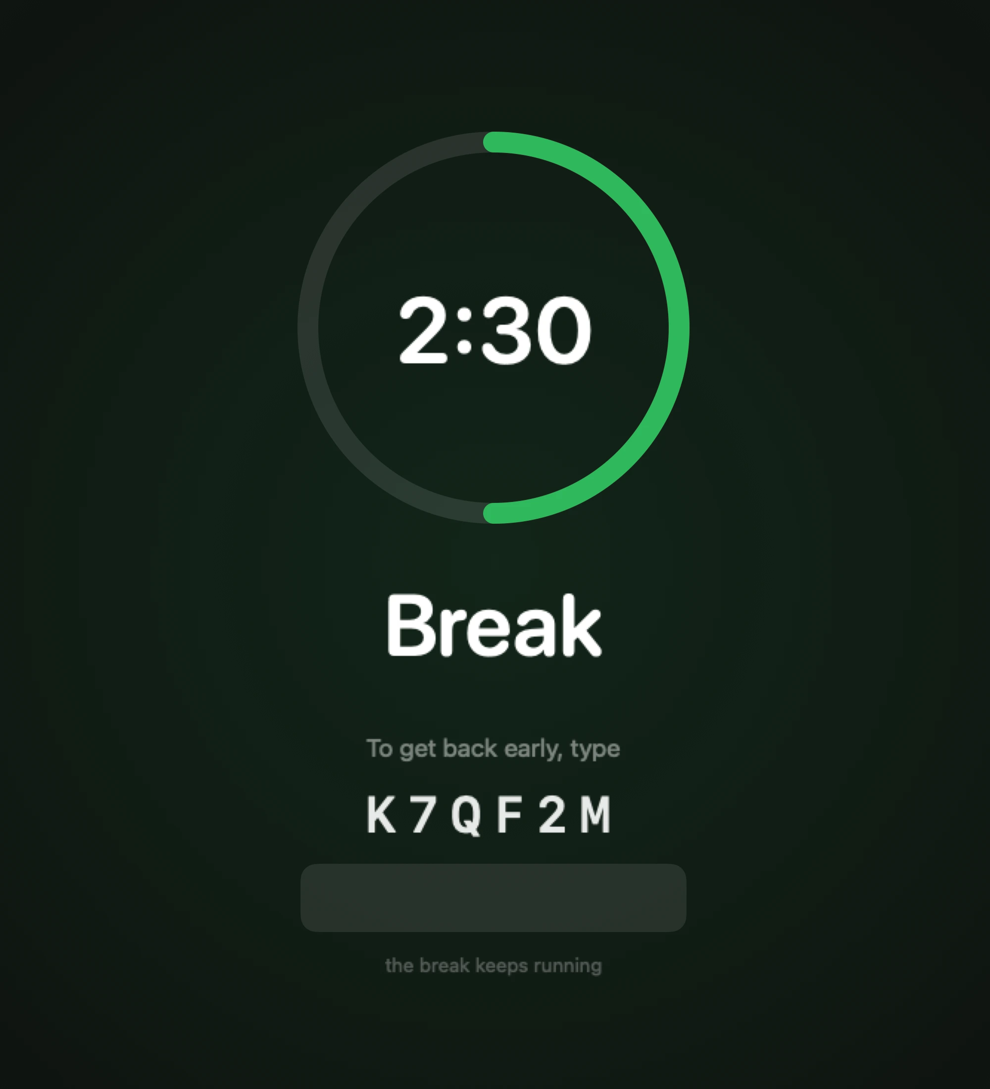 The Timse break veil filling the screen, with the code to get back in early