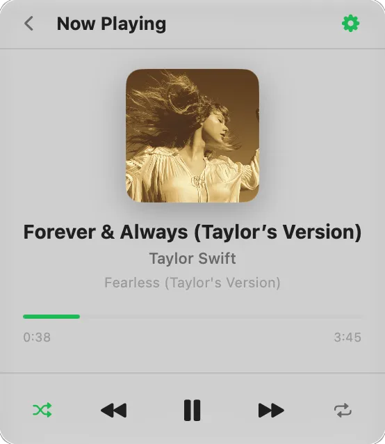 Toggle Music Now Playing view with full-size artwork and playback controls