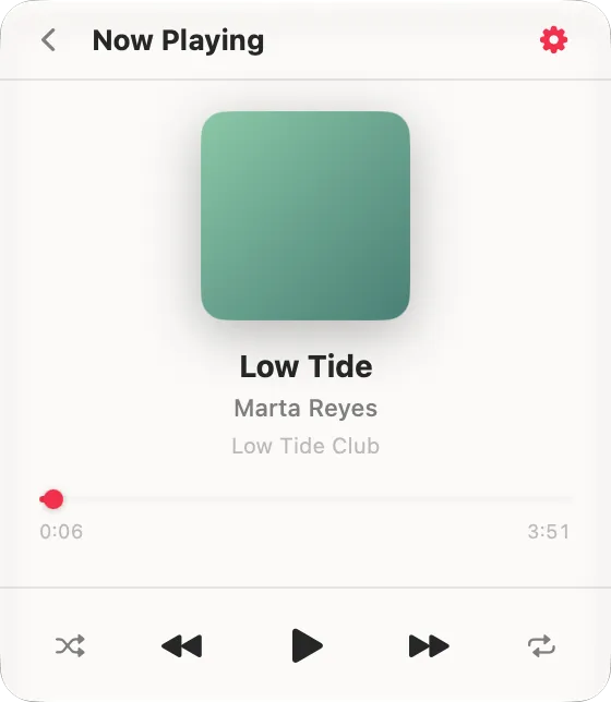 La vista In riproduzione di Toggle Music con copertina a tutta dimensione e comandi
