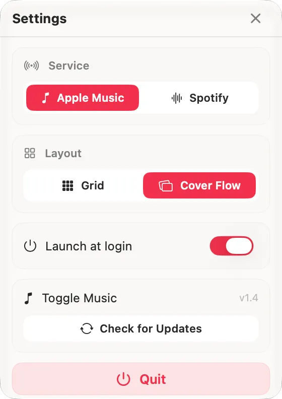 Il pannello impostazioni di Toggle Music con servizio, layout e avvio al login