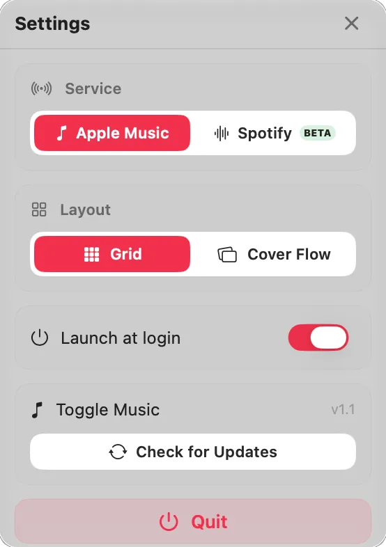 Toggle Music settings panel with service, layout and launch-at-login options