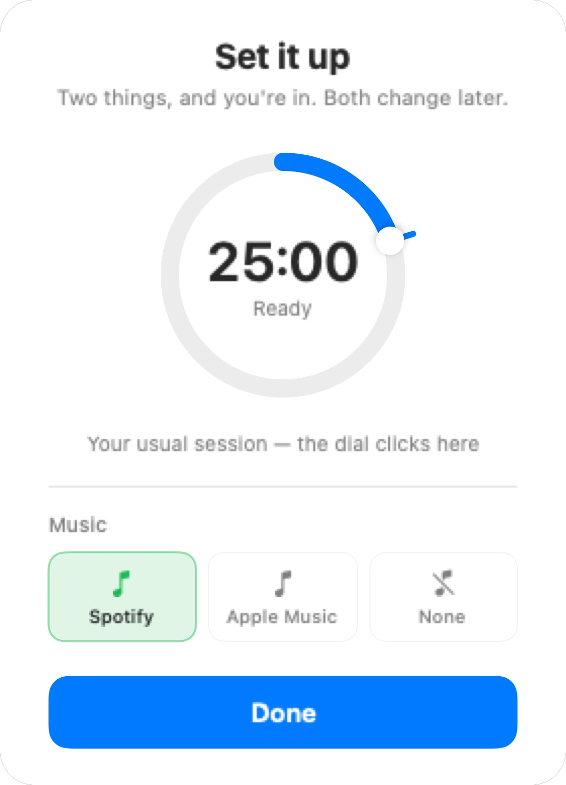 La schermata di configurazione di Timse: il quadrante per la sessione predefinita, e la scelta tra Spotify, Apple Music o nessun lettore
