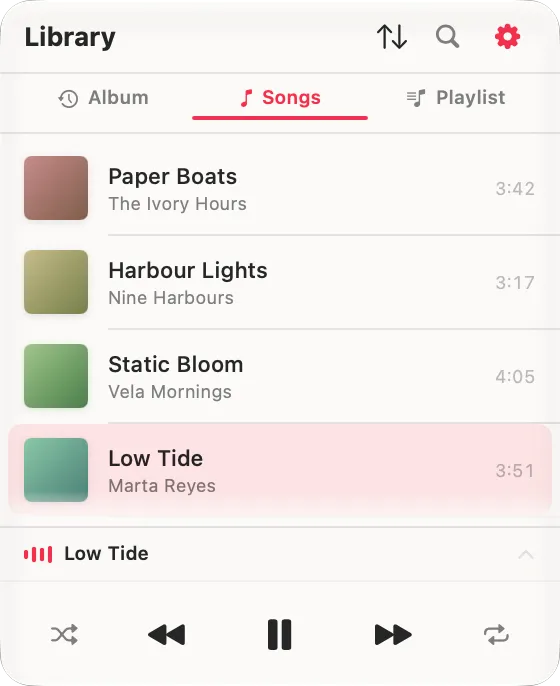 Toggle Music con la scheda Brani, tutta la libreria in un unico elenco
